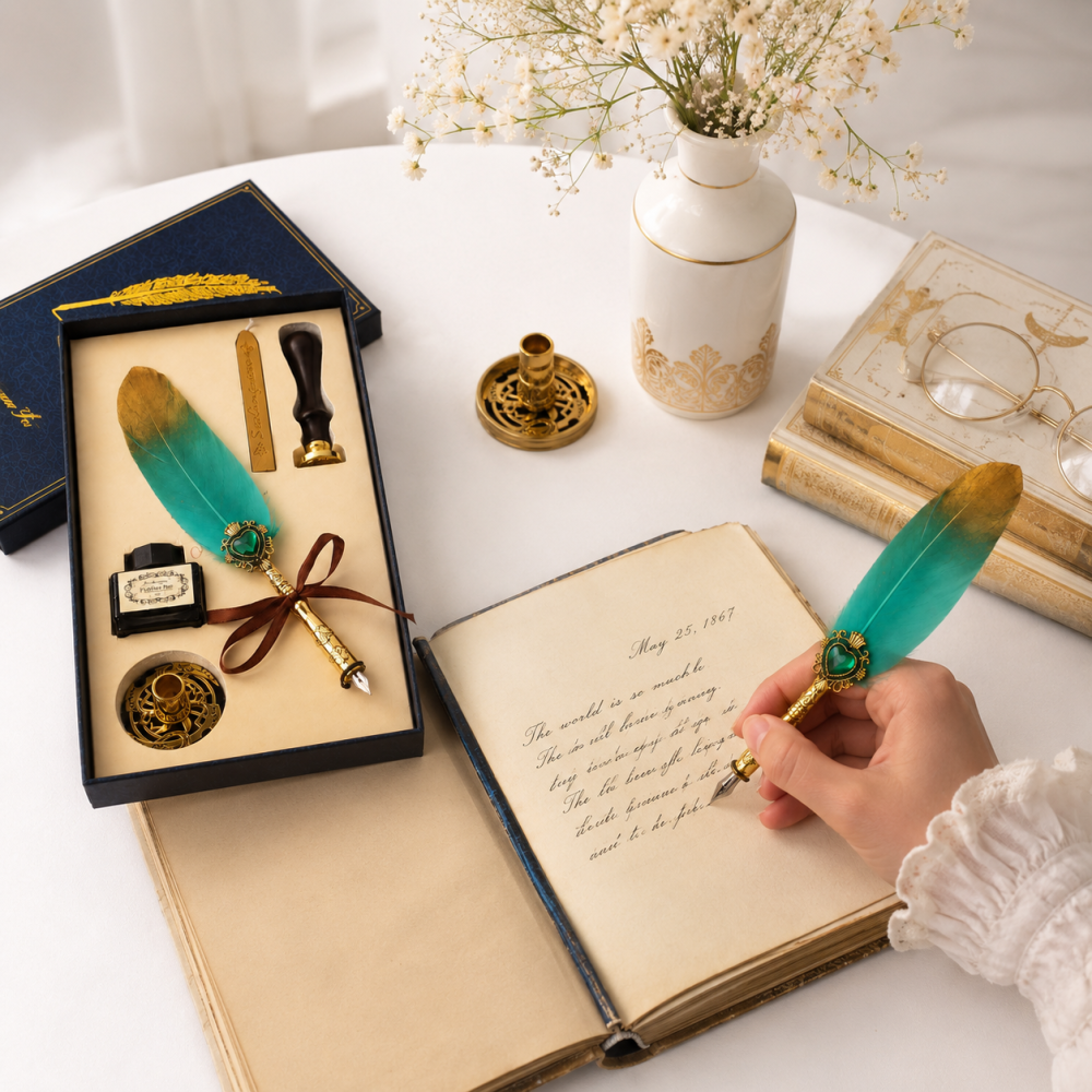 Set Stilou cu Penita si Pana Verde-Auriu, Ceara si Stampila – Cadou Elegant pentru Pasionatii de Scris [4]