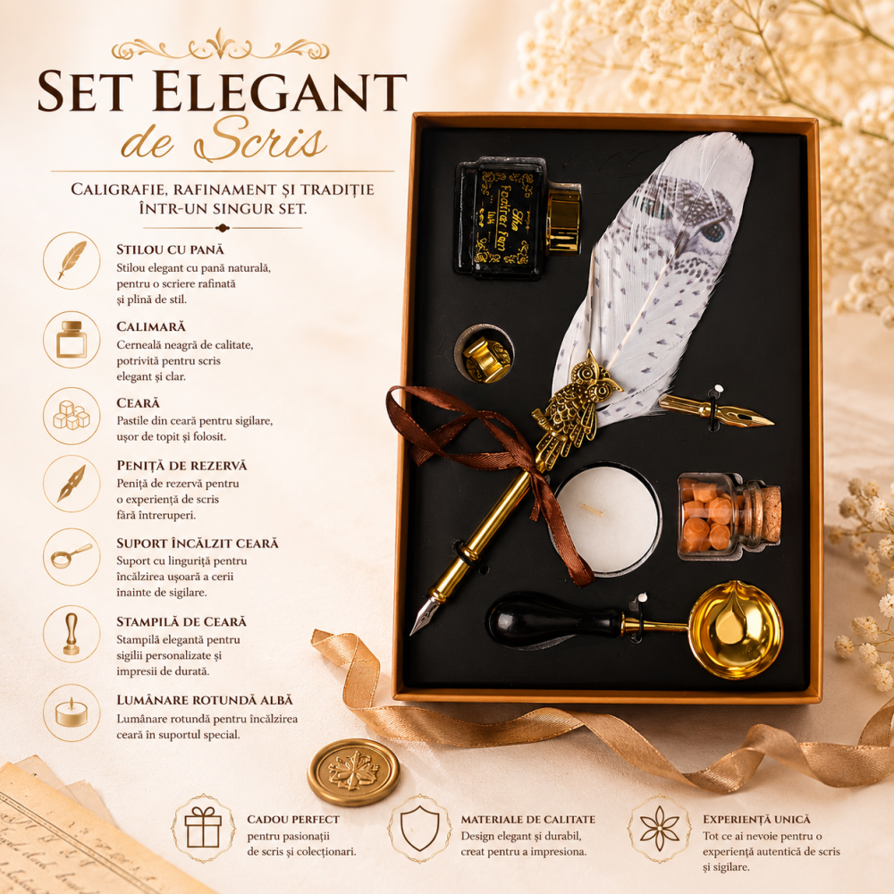 Set Stilou Pana Alba cu Bufnita Vintage – Eleganta si Inspiratie pentru Scris Artistic [4]