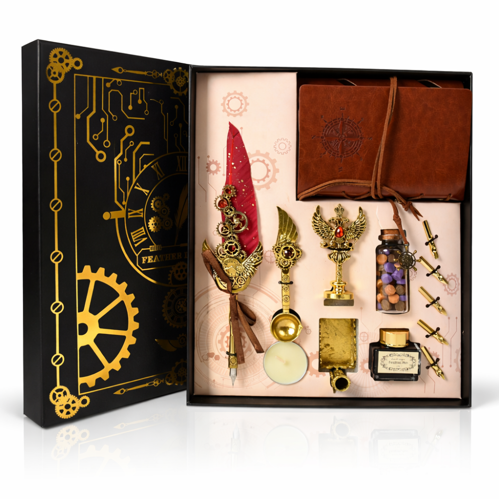 Set Stilou Pana Steampunk cu Jurnal si Sigilii | Cadou Premium [1]