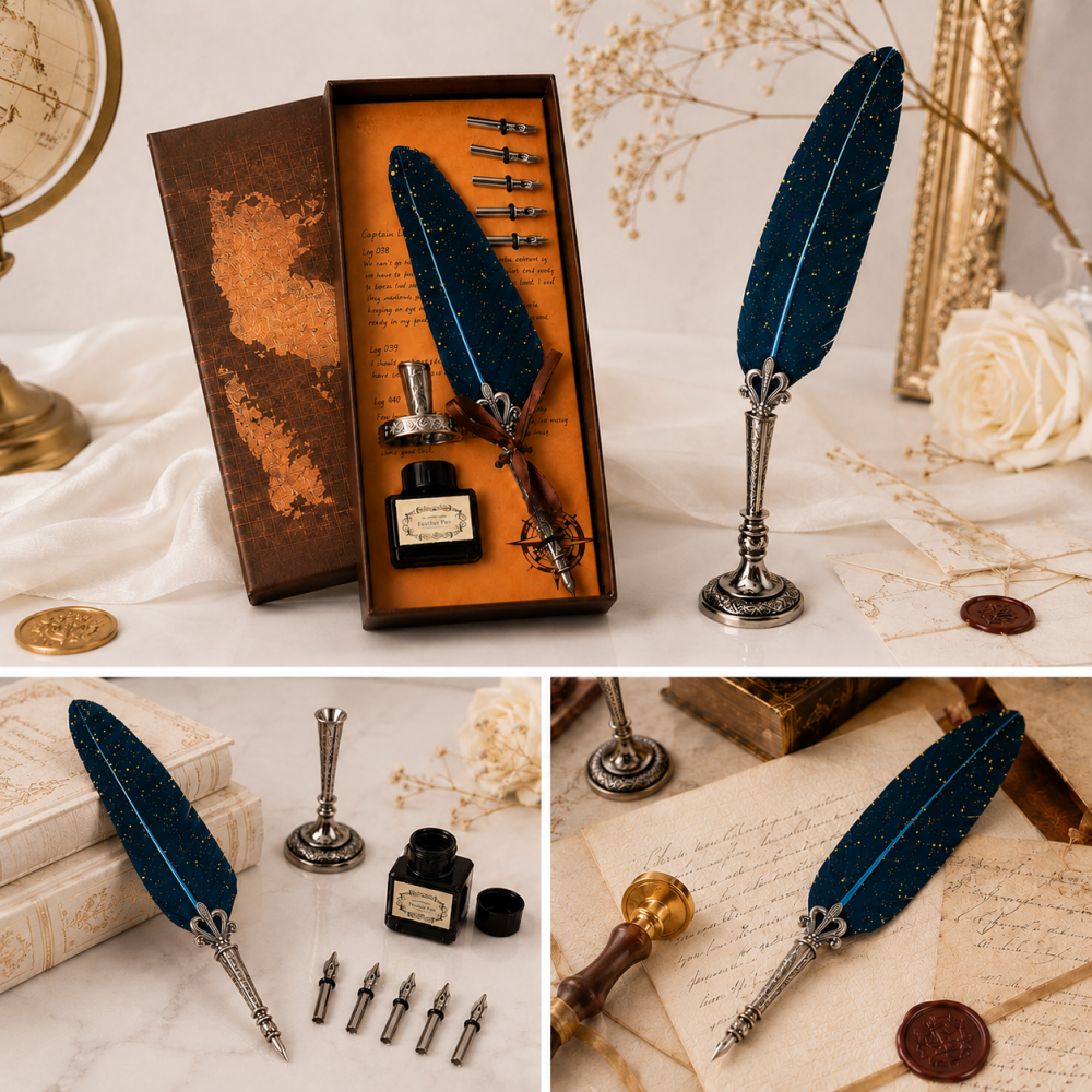 Set Stilou cu Pana Albastra si Calimara – Eleganta Clasica pentru Scris Creativ [4]