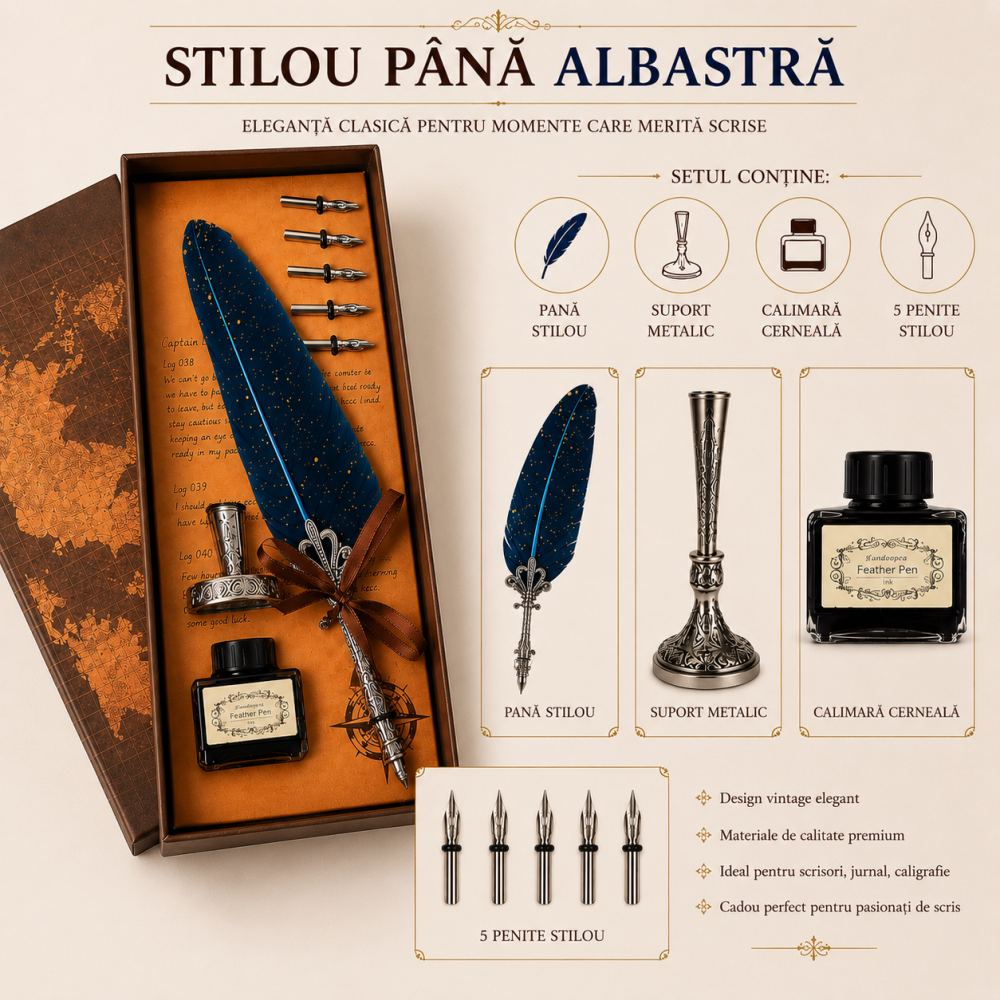 Set Stilou cu Pana Albastra si Calimara – Eleganta Clasica pentru Scris Creativ [3]