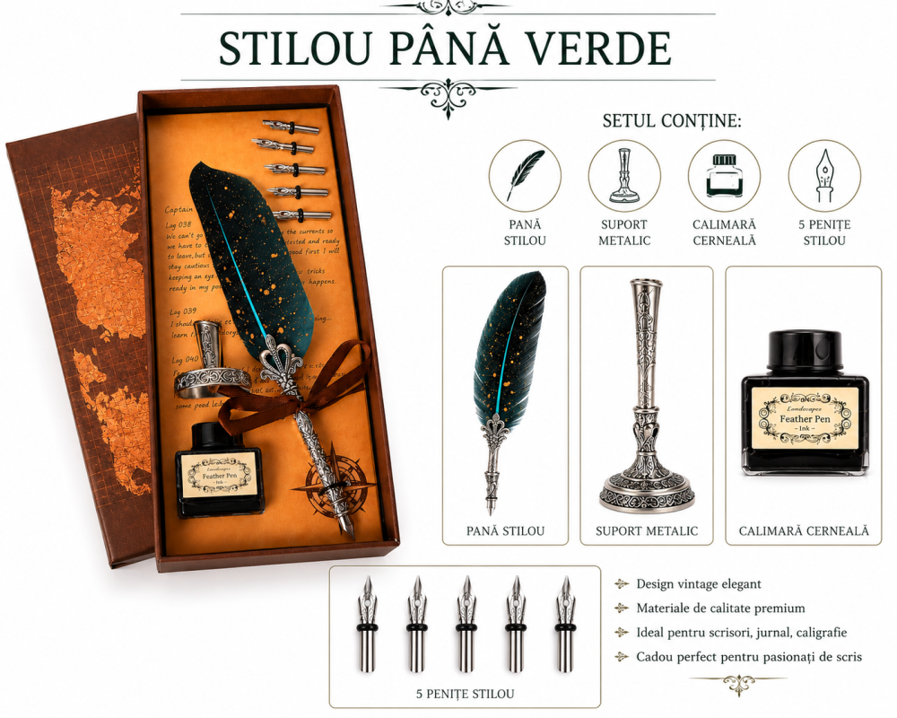 Set Stilou Pana Verde Vintage – Eleganta si Creativitate pentru Scris Artistic [3]