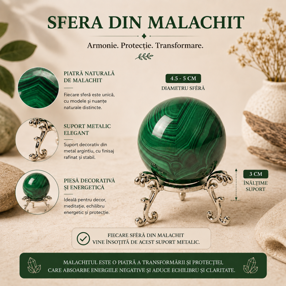 Sfera din Malachit Natural cu Suport Metalic – Protectie, Echilibru si Transformare [4]