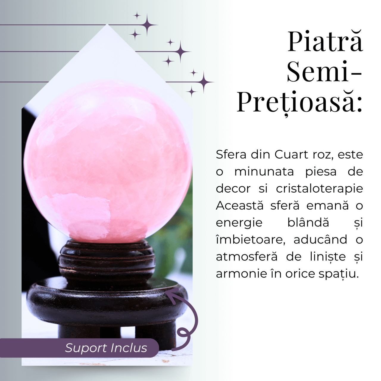 Sferă 80 mm din Cuart Roz Natural cu Suport - Promovează Iubirea și Armonia [3]