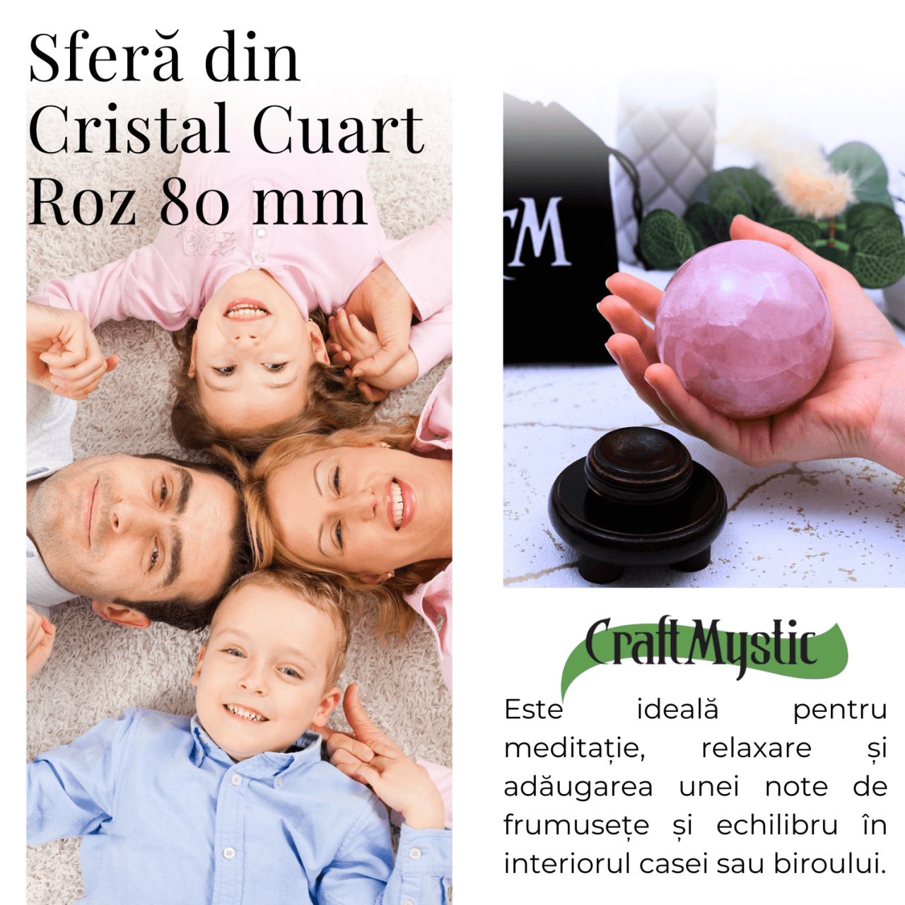 Sferă 80 mm din Cuart Roz Natural cu Suport - Promovează Iubirea și Armonia [2]