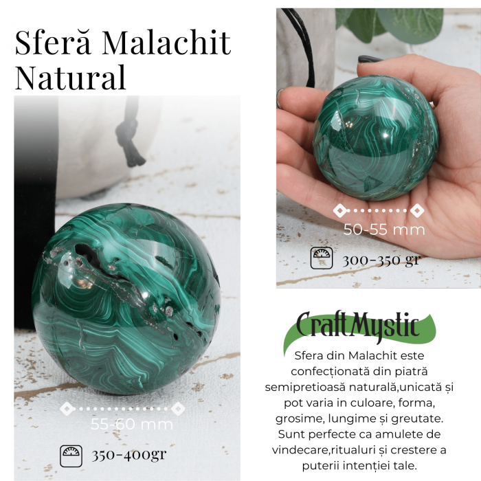 Sfera de Malachit Natural 55-60 mm, 350-400 gr - Patrunde in Miezul Beneficiilor Naturii [2]