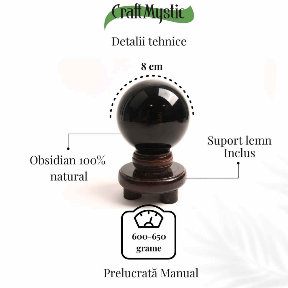 Sfera Obsidian Negru 100% Natural 80 mm cu Suport Lemn India - Protectie si Purificare Energetica [5]
