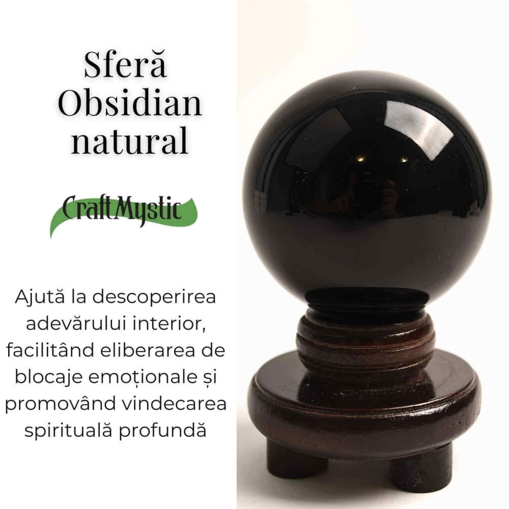 Sfera Obsidian Negru 100% Natural 80 mm cu Suport Lemn India - Protectie si Purificare Energetica [3]