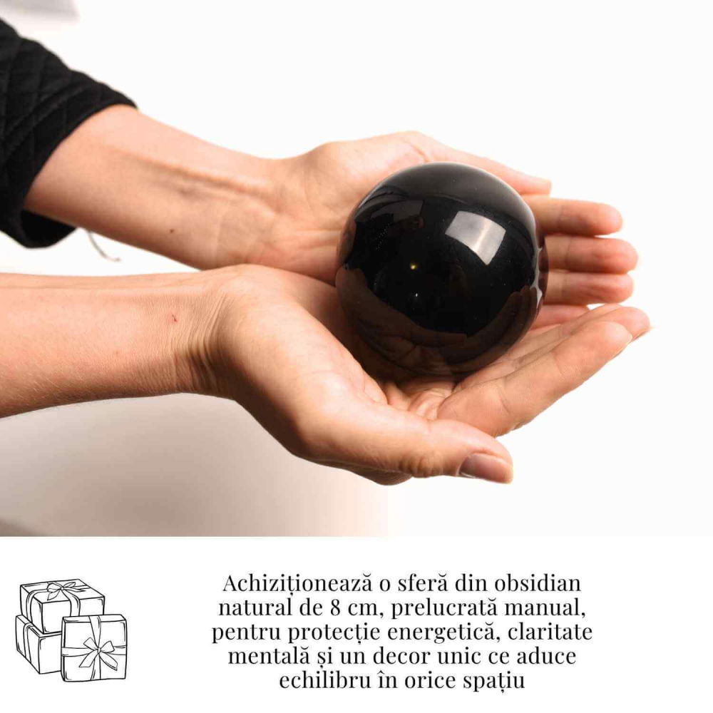 Sfera Obsidian Negru 100% Natural 80 mm cu Suport Lemn India - Protectie si Purificare Energetica [6]