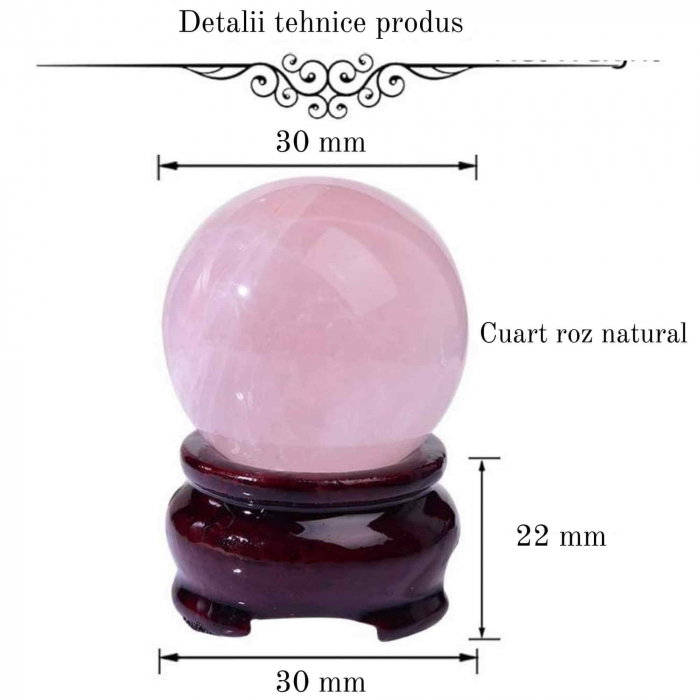 Sfera din Cuart Roz 30 mm, minge de cristal decorativa, cu suport de lemn -  Pentru decor, meditație, vindecare - Copie [2]