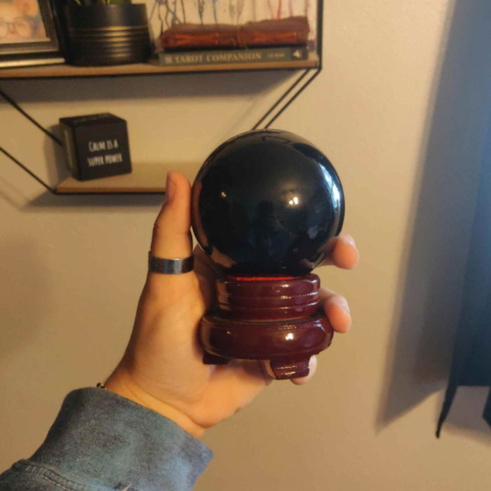 Sfera obsidian negru, minge de cristal decorativa, cu suport de lemn -  Pentru decor, meditație, vindecare [3]