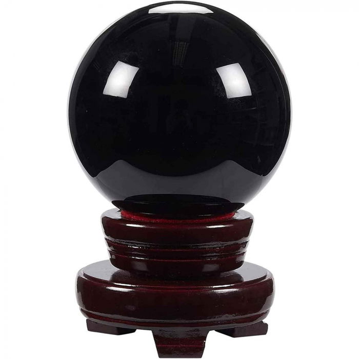 Sfera obsidian negru, minge de cristal decorativa, cu suport de lemn -  Pentru decor, meditație, vindecare [1]