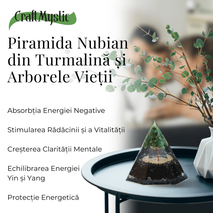 Piramida Orgonica 90 mm Nubiana din Turmalina Neagra si Arborele Vietii Jad Verde [3]