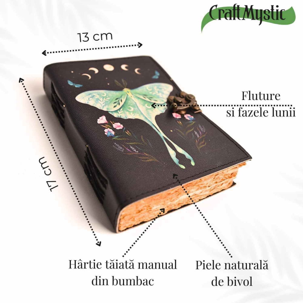 Jurnal din piele naturala cu incuietoare epoca, fazele lunii si fluture – Magie si creativitate [4]