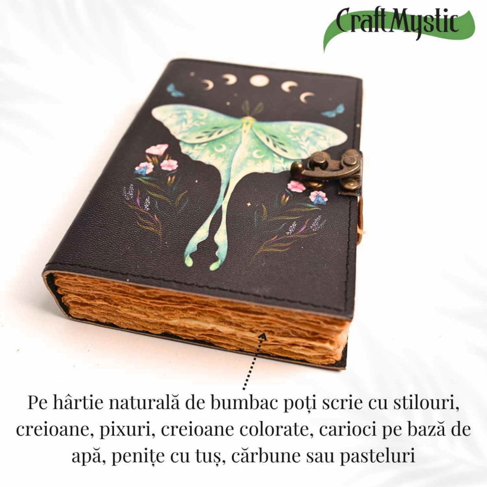 Jurnal din piele naturala cu incuietoare epoca, fazele lunii si fluture – Magie si creativitate [3]