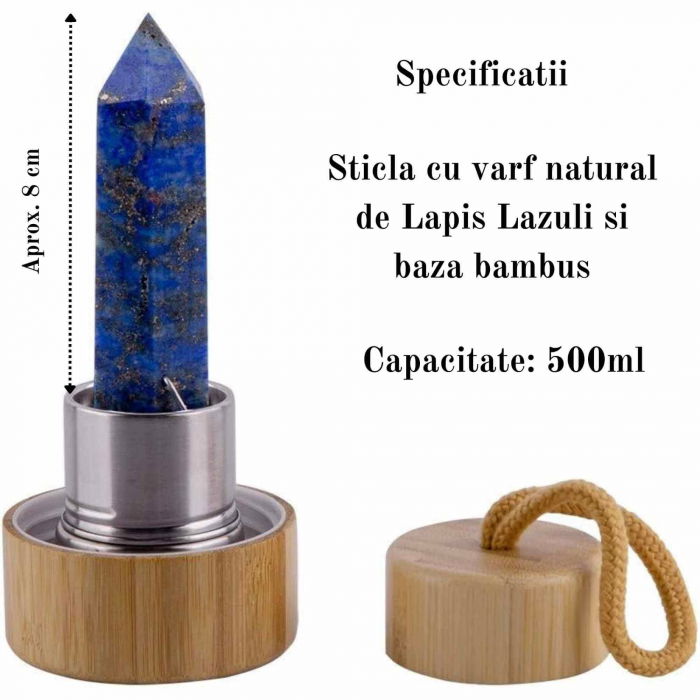 Sticla pentru apa cu varf cristal Lapis Lazuli si Bambus - Capacitate 500 ml si include husa de protectie neagra - Copie - Copie - Copie [2]