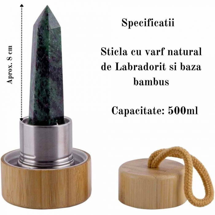 Sticla pentru apa cu varf cristal Labradorit si Bambus - Capacitate 500 ml si include husa de protectie neagra - Copie [2]
