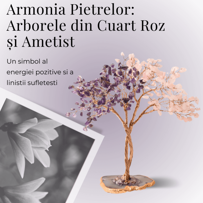 Copacel Decorativ cu Ametist si Cuart Roz pe Baza de Agat - Armonie si Energie - 20 cm, 280 Pietricele [2]