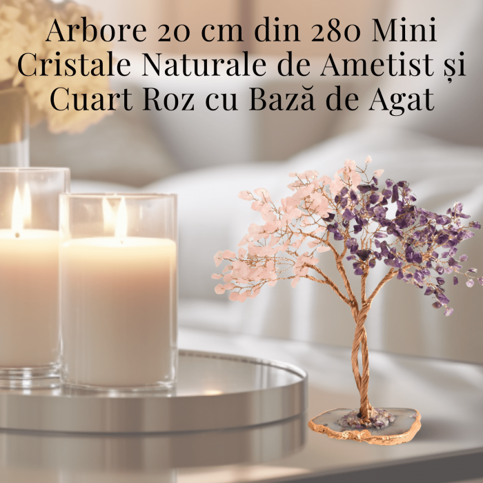 Copacel Decorativ cu Ametist si Cuart Roz pe Baza de Agat - Armonie si Energie - 20 cm, 280 Pietricele [5]