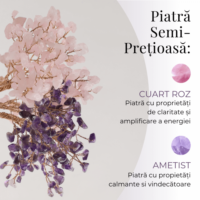 Copacel Decorativ cu Ametist si Cuart Roz pe Baza de Agat - Armonie si Energie - 20 cm, 280 Pietricele [4]