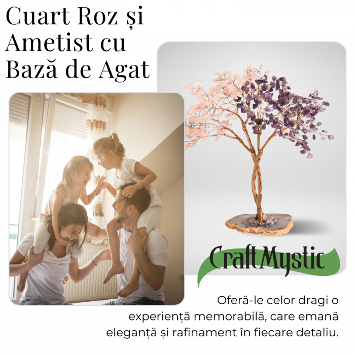 Copacel Decorativ cu Ametist si Cuart Roz pe Baza de Agat - Armonie si Energie - 20 cm, 280 Pietricele [7]