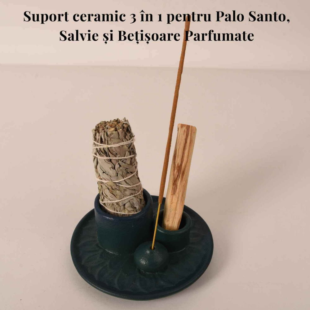 Suport ceramic 3 in 1 pentru salvie, Palo Santo si betisoare parfumate – model rotund [7]