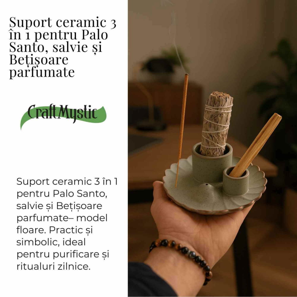 Suport ceramic 3 in 1 pentru salvie, Palo Santo si betisoare parfumate – model rotund [3]