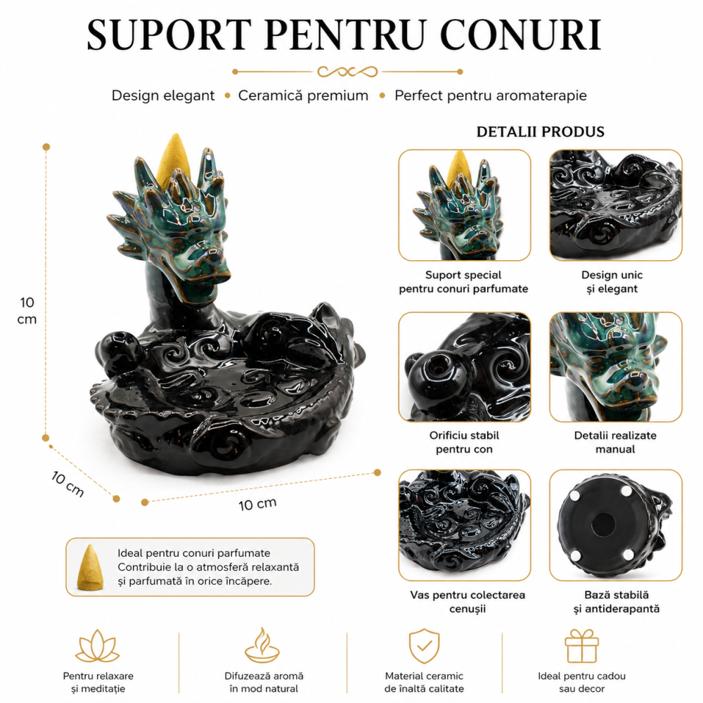 Suport Ceramic Dragon pentru Conuri Parfumate – Protectie Spirituala si Atmosfera Zen [3]