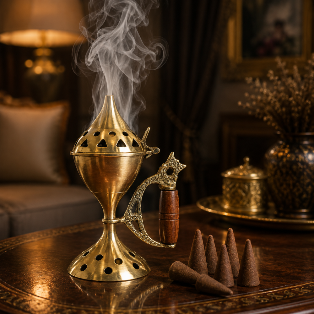 Arzator de Conuri din Alama cu Maner din Lemn – Ritual de Purificare si Relaxare Spirituala [4]