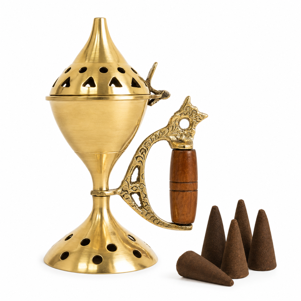 Arzator de Conuri din Alama cu Maner din Lemn – Ritual de Purificare si Relaxare Spirituala [1]