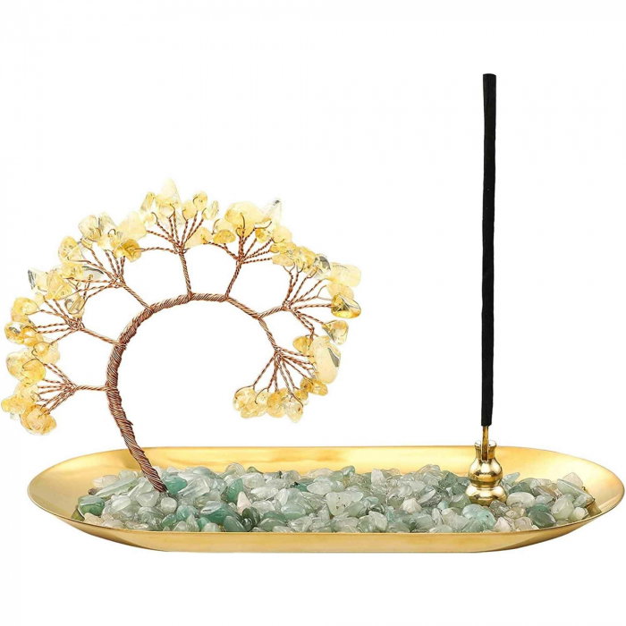 Tava cu suport pentru arzator de betisoare parfumate si copacel din cristale naturale de citrin - Pentru o stare de liniste si relaxare [1]