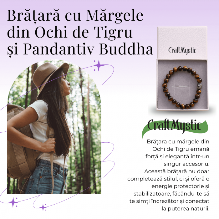 Bratara Elastica cu Margele 8mm din Piatra Naturala Ochi de Tigru si Pandantiv Buddha [8]