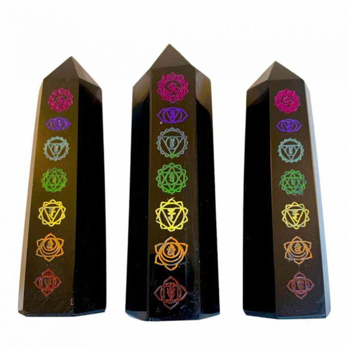 Turn de cristal din Obsidian Negru 9-10 cm cu cele 7 Chakre - Baghetă hexagonală pentru vindecare, reiki și decor pentru casă și birou [5]