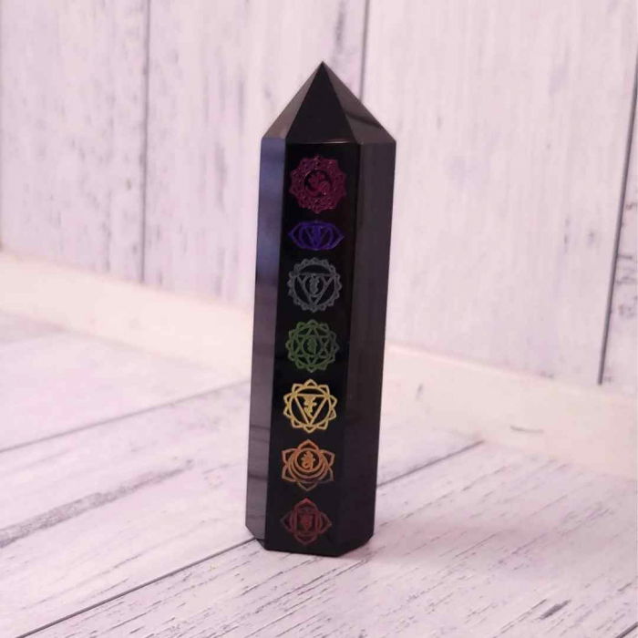 Turn de cristal din Obsidian Negru 9-10 cm cu cele 7 Chakre - Baghetă hexagonală pentru vindecare, reiki și decor pentru casă și birou [4]