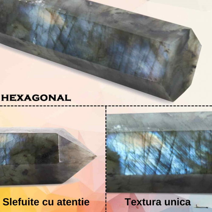 Bagheta din cristal natural de labradorit 10-11 cm -  Turn de cristal vindecator, baghete mari naturale cu 6 puncte fatetate pentru Reiki, chakra, meditatie, colectie, decor acasa [3]