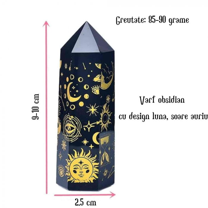 Turn din Cristal de Obsidian Natural de 9-10 cm cu Model Stea si Luna Acoperit cu Auriu -  Bagheta pentru decor, meditatie [2]