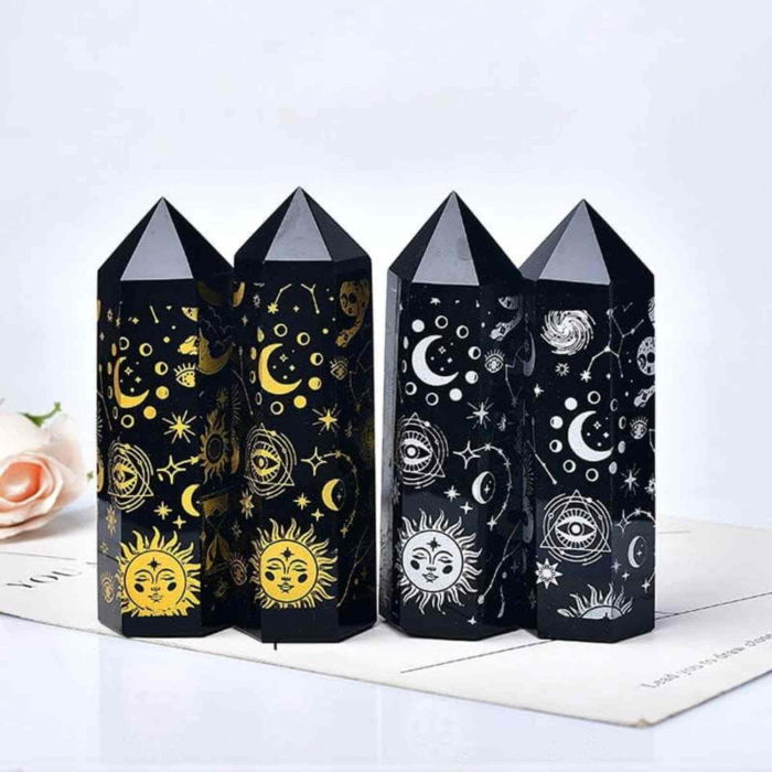 Turn din Cristal de Obsidian Natural de 9-10 cm cu Model Stea si Luna Acoperit cu Auriu -  Bagheta pentru decor, meditatie [6]