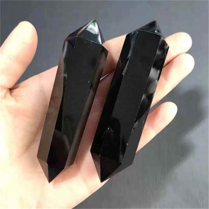 Turn Hexagonal Dublu Varf din Obsidian Negru inaltime de 7-9 cm - cristal de protectie puternic, care actioneaza ca un scut impotriva negativitatii si a stresului [5]