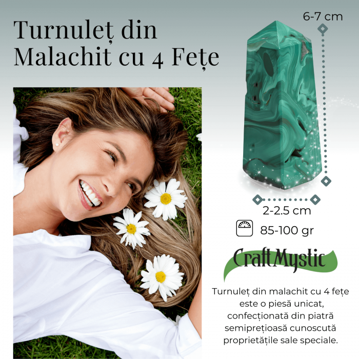 Turnulet 4 fete din Malachit H = 6-7 cm latime 2-2.5 cm 85-100 gr - Concentrare Energetica și Protectie [2]