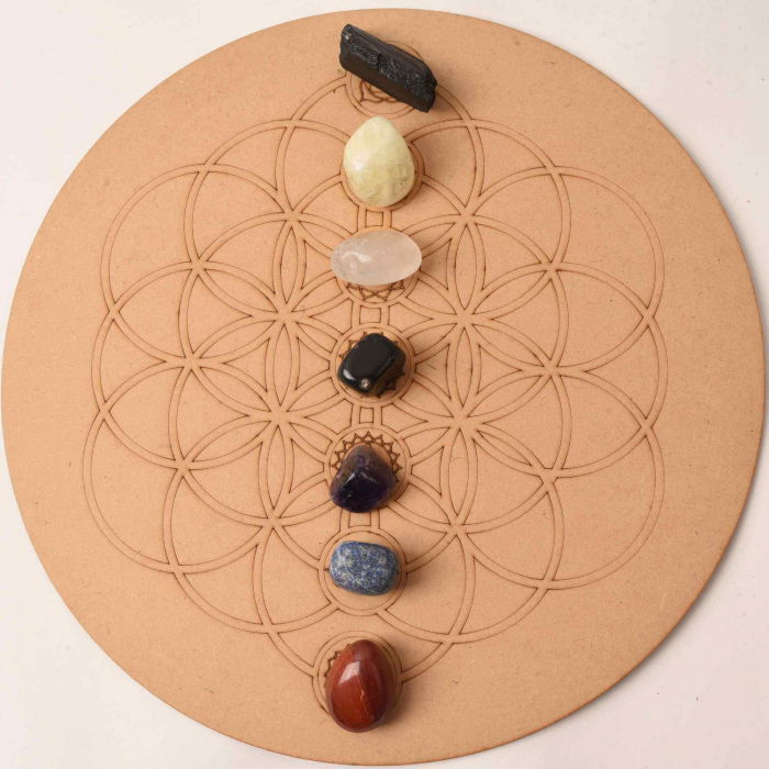 Placa pentru Cristale cu Geometrie Sacra pentru Cele Sapte Chakre - Grid din Lemn MDF 30 cm [3]