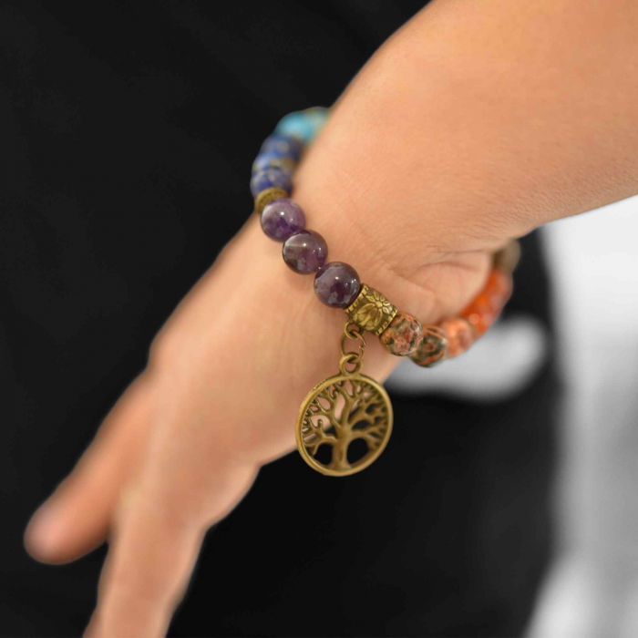 Bratara Elastica cu Pietre Naturale pentru Cele 7 Chakre si Pandantiv cu Arborele Vietii [2]