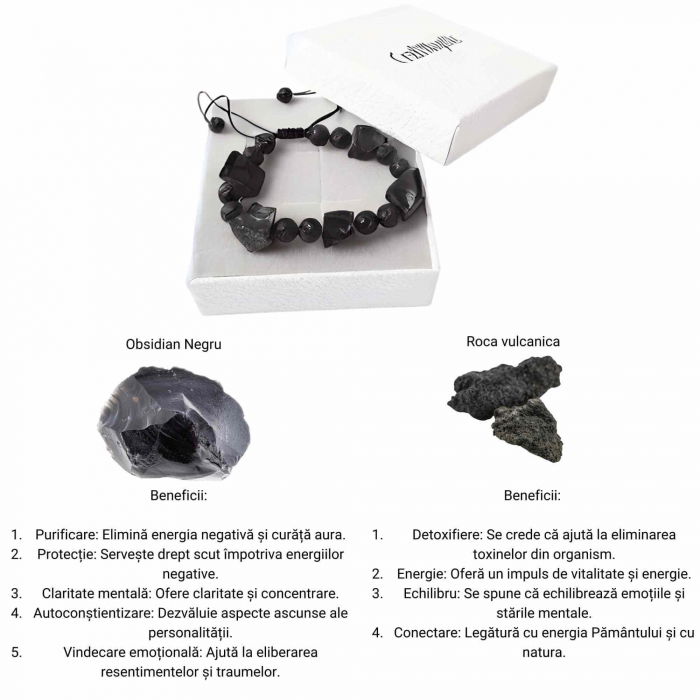 Bratara Ajustabila din Obsidian Negru Brut si Roca Vulcanica Margele de Cristal si Bratara Difuzoare de Ulei Esential pentru Relaxare si Meditatie Yoga [5]
