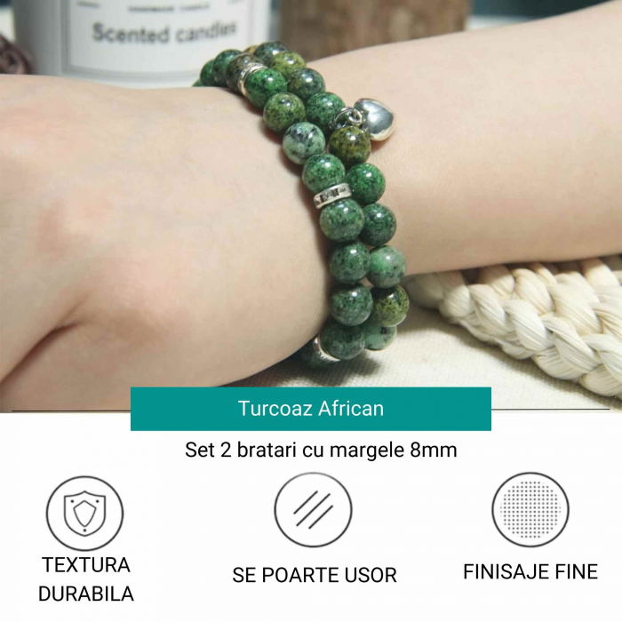 Set 2 Bratari elastice cu Margele 8mm din Turcoaz African Pentru Vindecare, Alinarea Anxietatii si Stresului [3]