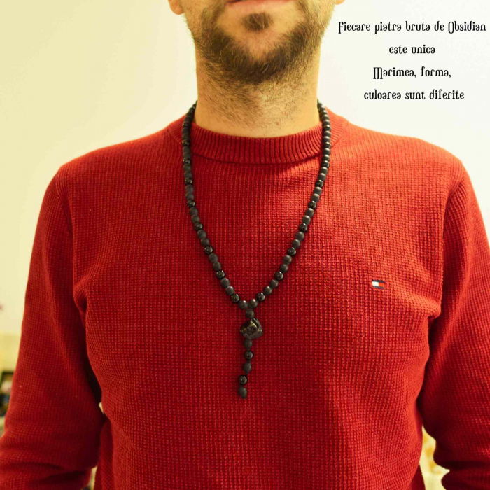 Colier cu Margele din Obsidian Negru si Onyx model Y Piatra Naturala Bruta de Obsidian Accesorizata cu Margele de Cristal Onyx pentru Rugaciune, Vindecare si Energie Reiki [2]