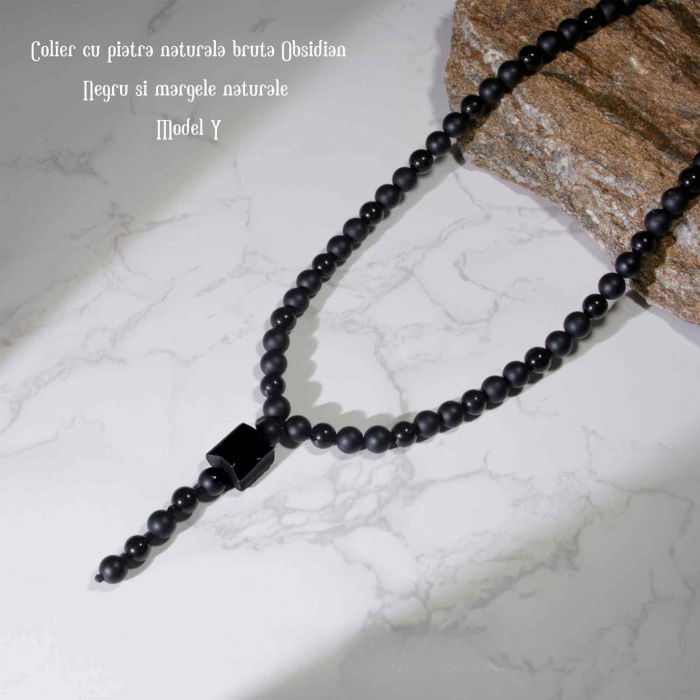 Colier cu Margele din Obsidian Negru si Onyx model Y Piatra Naturala Bruta de Obsidian Accesorizata cu Margele de Cristal Onyx pentru Rugaciune, Vindecare si Energie Reiki [6]