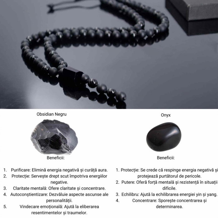 Colier cu Margele din Obsidian Negru si Onyx model Y Piatra Naturala Bruta de Obsidian Accesorizata cu Margele de Cristal Onyx pentru Rugaciune, Vindecare si Energie Reiki [4]