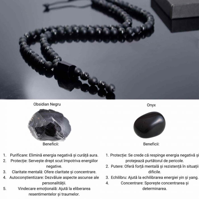 Colier cu Margele din Obsidian Negru si Onyx model Y Piatra Naturala Bruta de Obsidian Accesorizata cu Margele de Cristal Onyx pentru Rugaciune, Vindecare si Energie Reiki [4]
