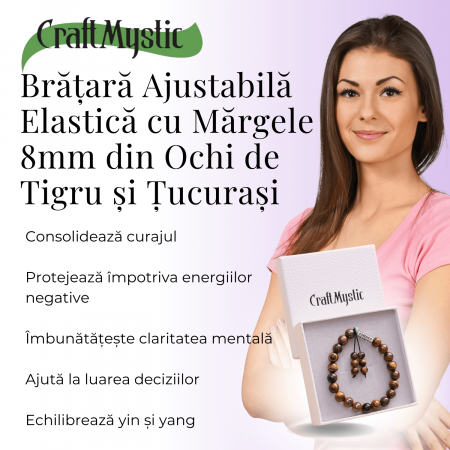 Bratara Elastica cu Margele 6mm din Pietre Semipretioase Ochi de Tigru, Tucurasi si Pandativ [3]
