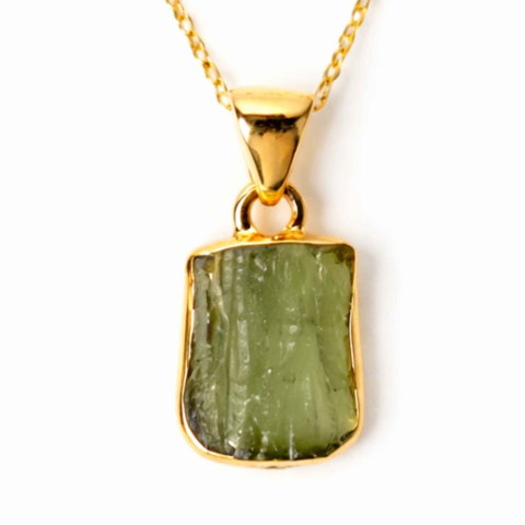 Bijuterii Semiprețioase - Colier Moldavit Brut Neuniform cu Argint 925 Placat cu Aur de 18k – Energie si Claritate Interioara