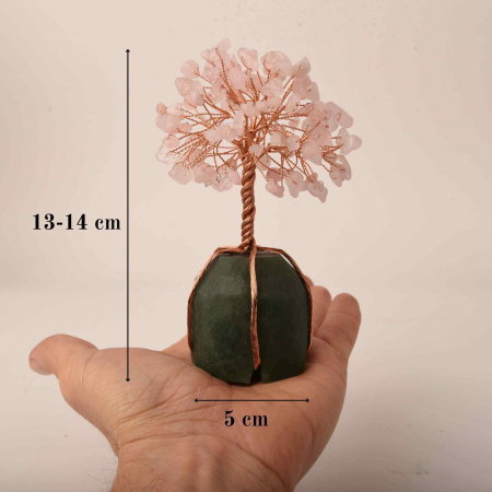 Arborele vietii 13-14 cm din pietre semipretioase polisate de cuart roz si baza de piatra naturala de aventurin verde - Copacel de cristal pentru energie pozitiva  atrage norocul, decor Feng Shui, cadou spiritual [3]